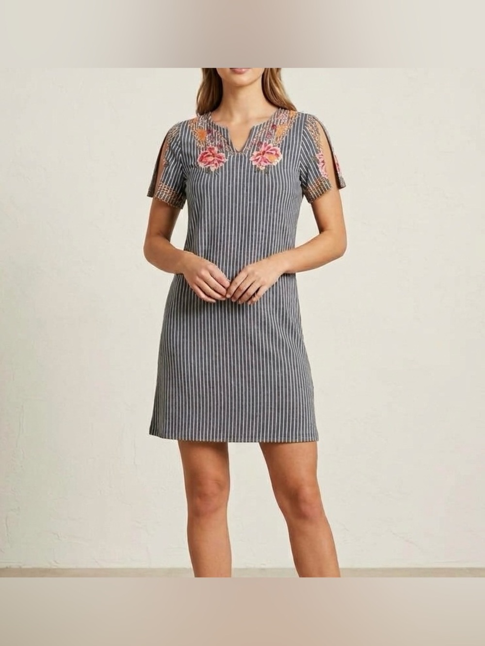 THML Embroidered Floral Mini Dress Grey Striped Boho V-Neck Size S Cottagecore